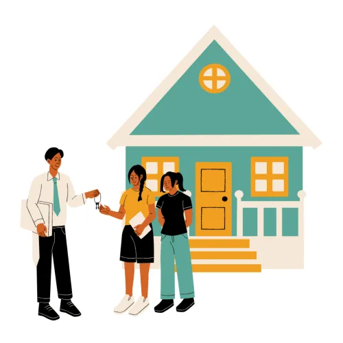 Illustration of two persons receiving the keys of their new home